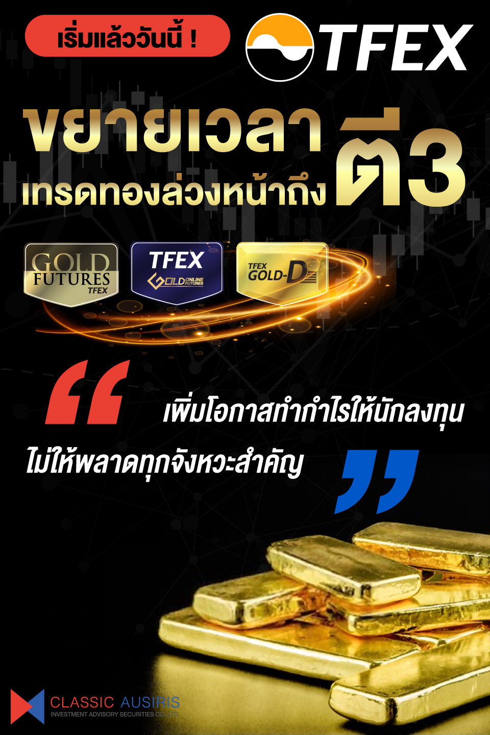 TFEX ขยายเวลาเทรดทองล่วงหน้าถึงตี 3